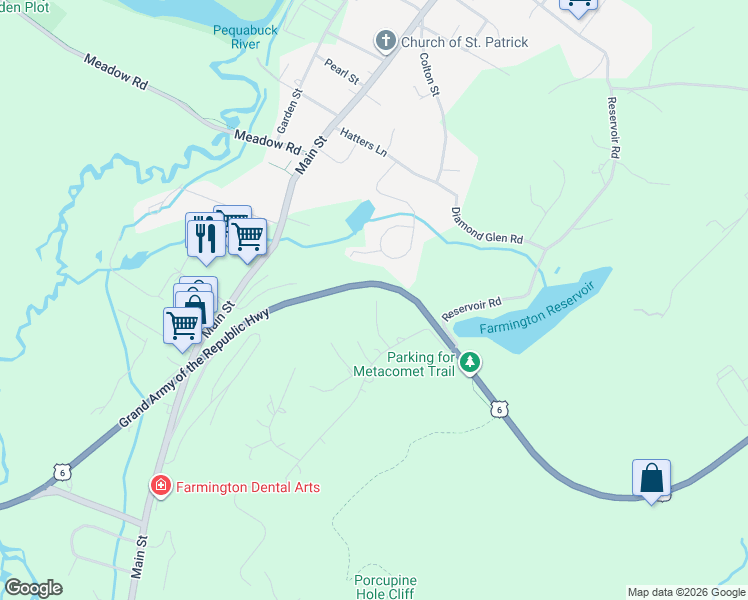 map of restaurants, bars, coffee shops, grocery stores, and more near 14 Pinnacle Road in Farmington