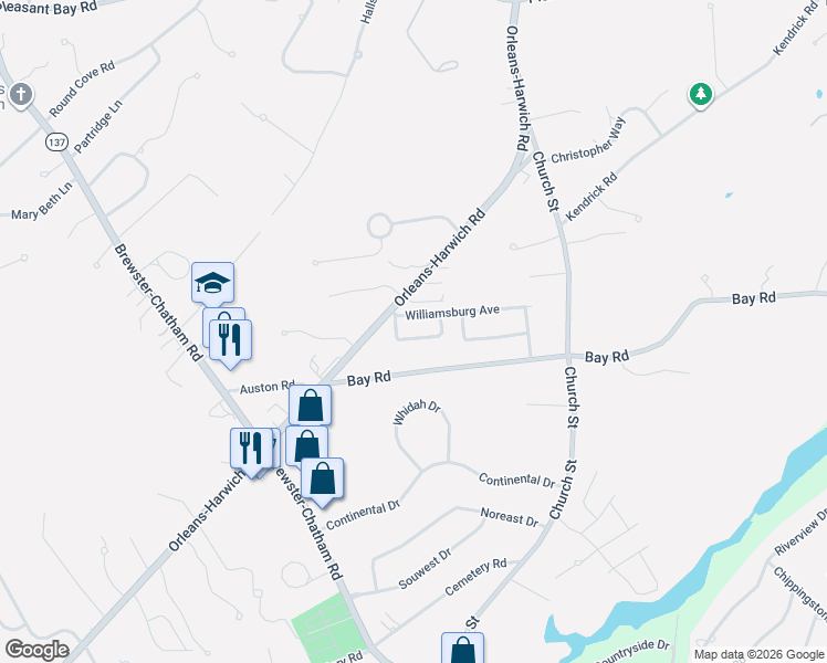 map of restaurants, bars, coffee shops, grocery stores, and more near 38 Bay Road in Harwich
