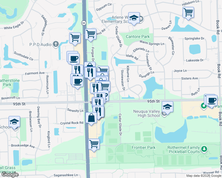 map of restaurants, bars, coffee shops, grocery stores, and more near 2816 Wheatland Court in Naperville