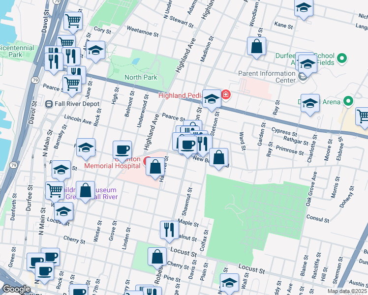 map of restaurants, bars, coffee shops, grocery stores, and more near in Fall River
