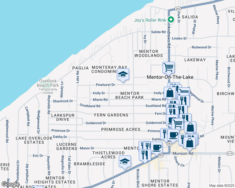 map of restaurants, bars, coffee shops, grocery stores, and more near 7582 Miami Road in Mentor-on-the-Lake
