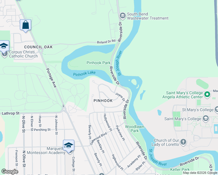map of restaurants, bars, coffee shops, grocery stores, and more near 1424 Joyce Drive in South Bend