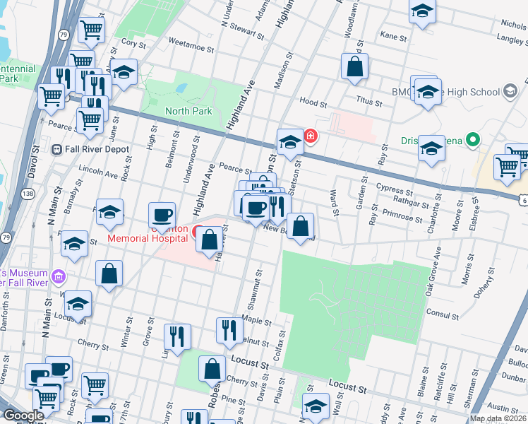 map of restaurants, bars, coffee shops, grocery stores, and more near in Fall River