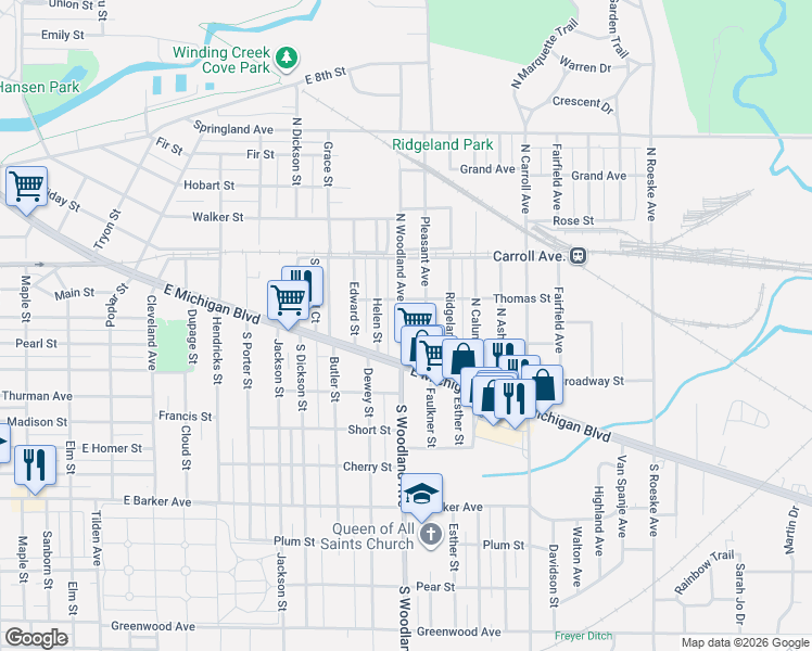 map of restaurants, bars, coffee shops, grocery stores, and more near 101-199 Monroe St in Michigan City