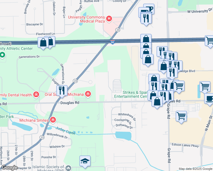 map of restaurants, bars, coffee shops, grocery stores, and more near 5625 Irish Way in Mishawaka