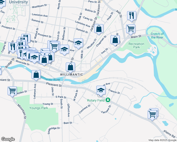 map of restaurants, bars, coffee shops, grocery stores, and more near 411 Main Street in Windham
