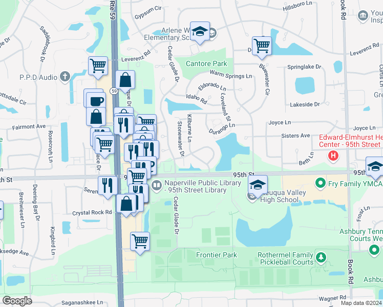 map of restaurants, bars, coffee shops, grocery stores, and more near Rockport Lane in Naperville