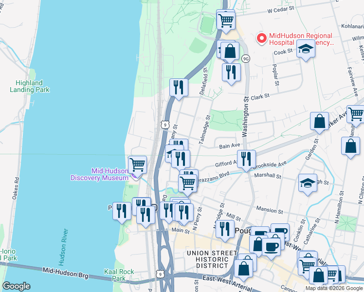 map of restaurants, bars, coffee shops, grocery stores, and more near 22 Delafield Street in Poughkeepsie