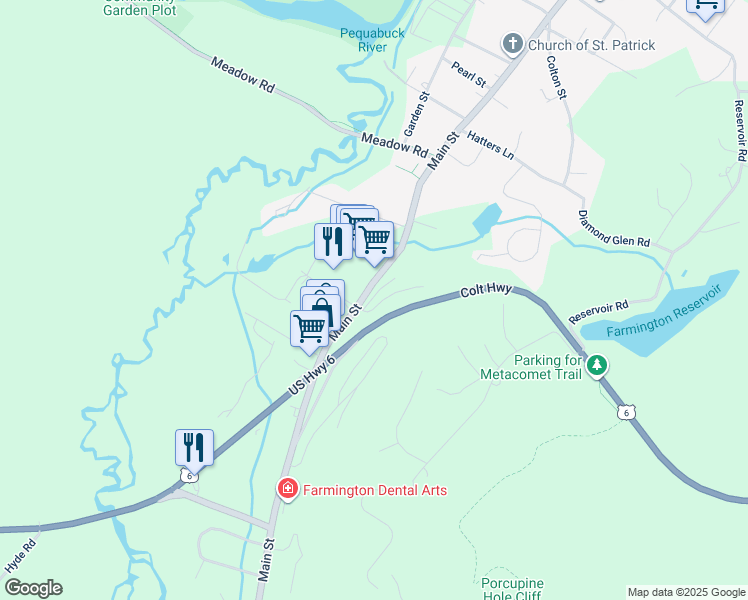 map of restaurants, bars, coffee shops, grocery stores, and more near 201 Main Street in Farmington