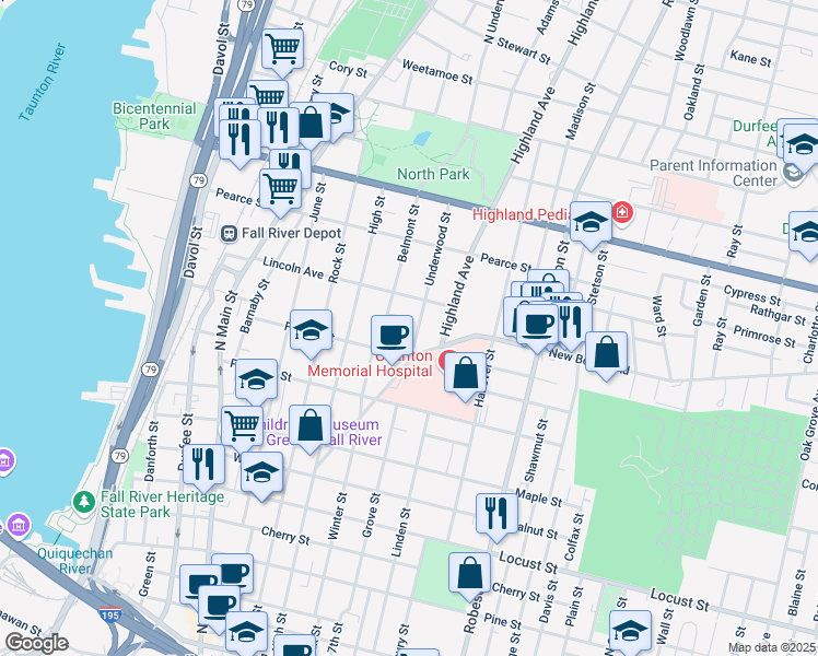map of restaurants, bars, coffee shops, grocery stores, and more near 362 Highland Avenue in Fall River