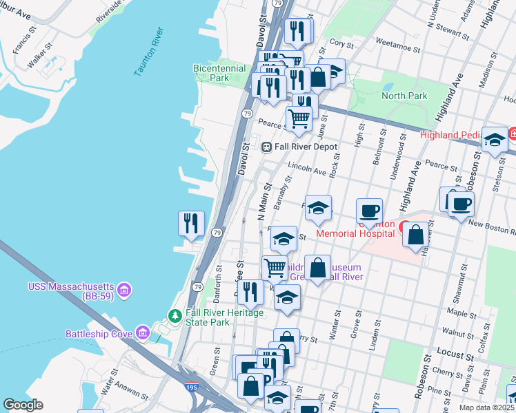 map of restaurants, bars, coffee shops, grocery stores, and more near 16 Barnaby Street in Fall River