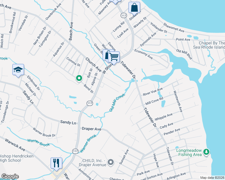 map of restaurants, bars, coffee shops, grocery stores, and more near 1346 West Shore Road in Warwick