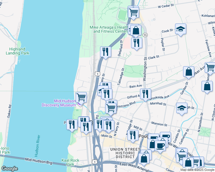 map of restaurants, bars, coffee shops, grocery stores, and more near 22 Delafield Street in Poughkeepsie