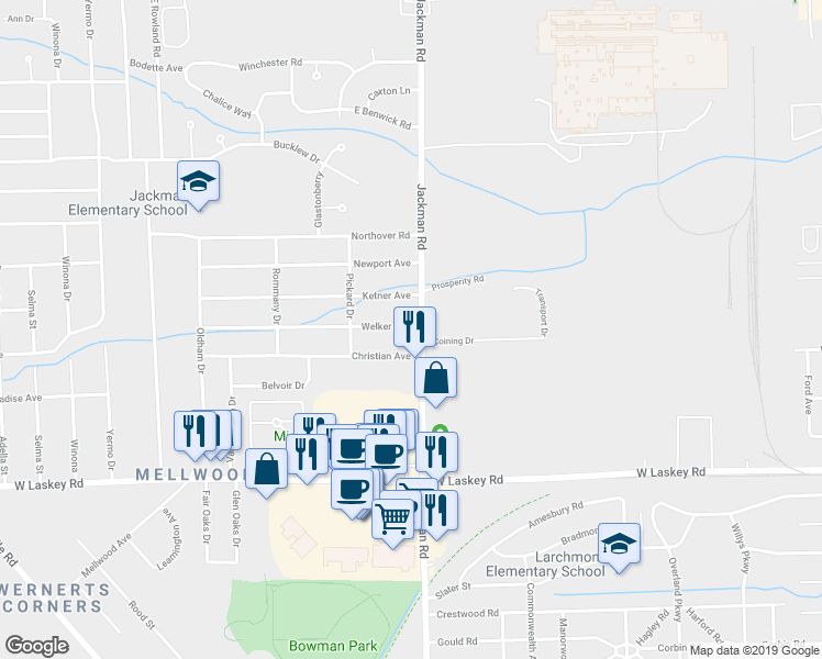 map of restaurants, bars, coffee shops, grocery stores, and more near 5201 Jackman Road in Toledo