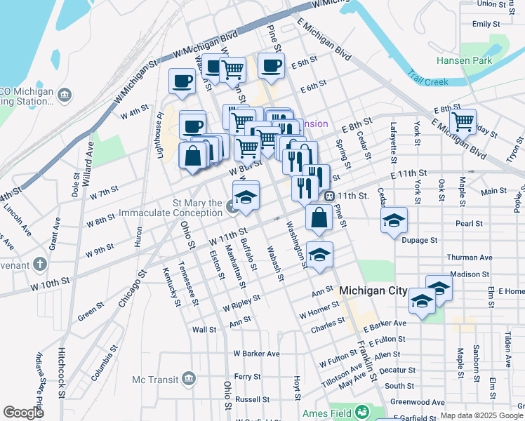 map of restaurants, bars, coffee shops, grocery stores, and more near 308 West 11th Street in Michigan City