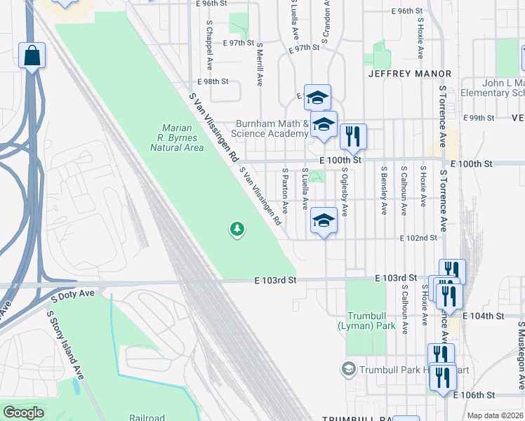 map of restaurants, bars, coffee shops, grocery stores, and more near 10118 South Van Vlissingen Road in Chicago