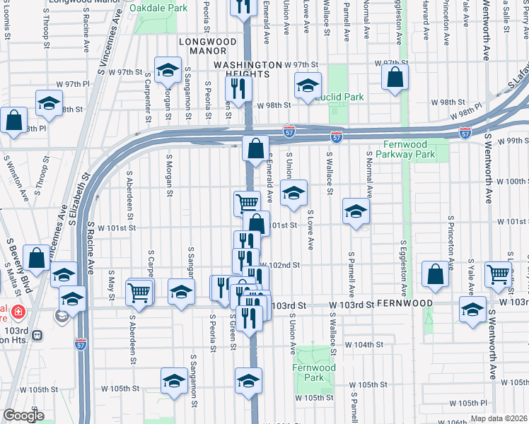 map of restaurants, bars, coffee shops, grocery stores, and more near 10100 South Emerald Avenue in Chicago