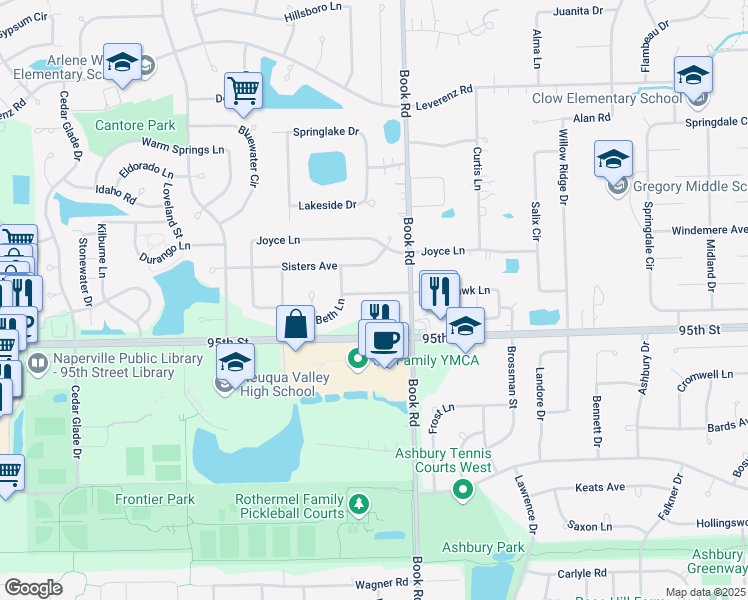 map of restaurants, bars, coffee shops, grocery stores, and more near 2007 95th Street in Naperville