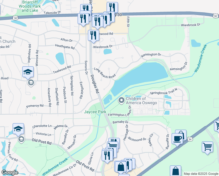 map of restaurants, bars, coffee shops, grocery stores, and more near 615 South Avon Court in Oswego
