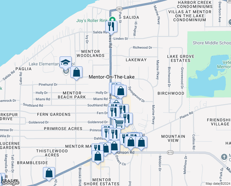 map of restaurants, bars, coffee shops, grocery stores, and more near 5899 Buckeye Lane in Mentor-on-the-Lake