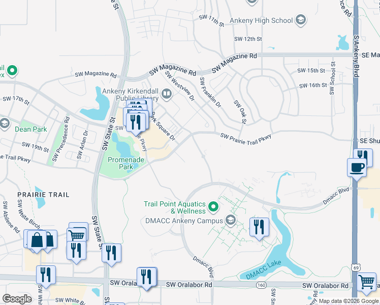 map of restaurants, bars, coffee shops, grocery stores, and more near 1155 Southwest Prairie Trail Parkway in Ankeny
