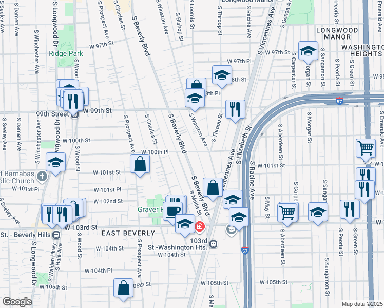 map of restaurants, bars, coffee shops, grocery stores, and more near 10001 South Beverly Boulevard in Chicago