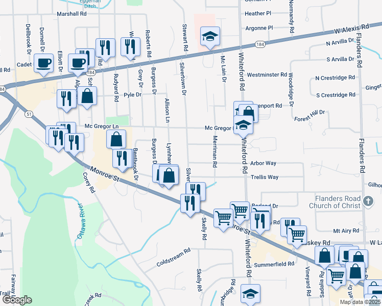 map of restaurants, bars, coffee shops, grocery stores, and more near 5308 Silvertown Drive in Sylvania