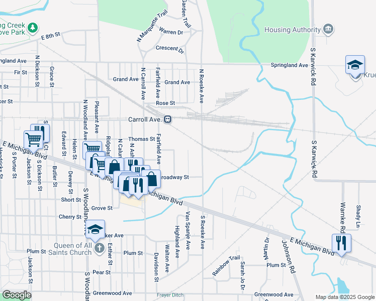 map of restaurants, bars, coffee shops, grocery stores, and more near 398 Gladys St in Michigan City