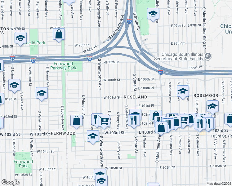 map of restaurants, bars, coffee shops, grocery stores, and more near 10105 South La Salle Street in Chicago