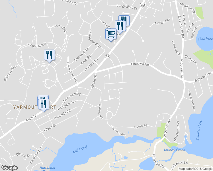 map of restaurants, bars, coffee shops, grocery stores, and more near 1 Hawthorne Road in Yarmouth