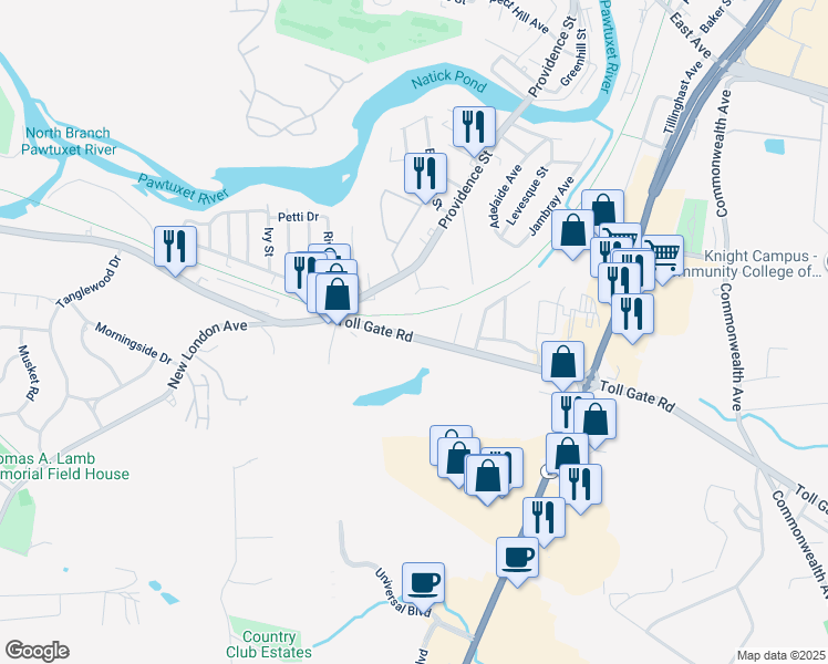 map of restaurants, bars, coffee shops, grocery stores, and more near 1045 Toll Gate Road in Warwick