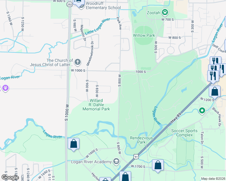 map of restaurants, bars, coffee shops, grocery stores, and more near 1075 Park Avenue in Logan