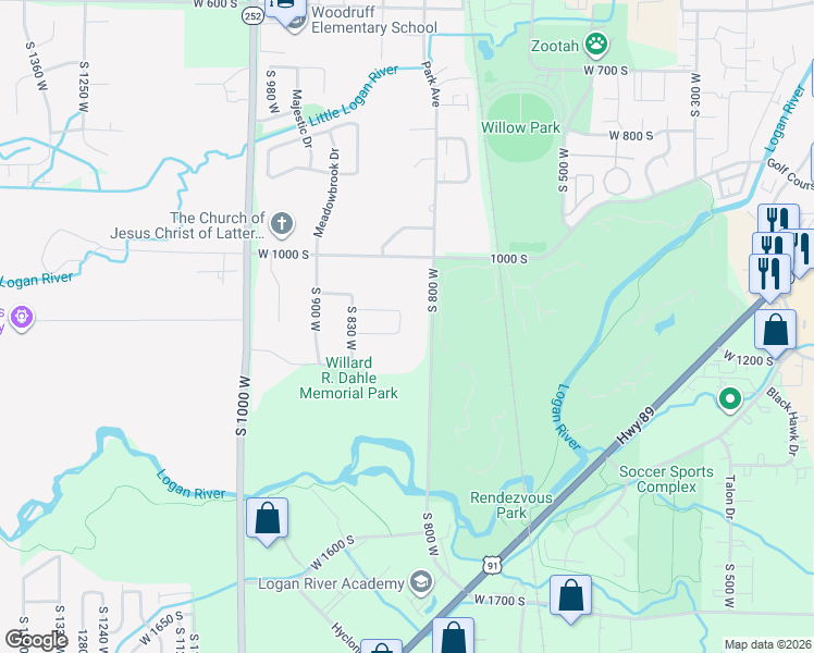 map of restaurants, bars, coffee shops, grocery stores, and more near 1084 South 740 West in Logan