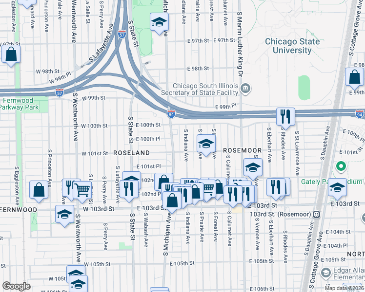 map of restaurants, bars, coffee shops, grocery stores, and more near 10021 South Michigan Avenue in Chicago