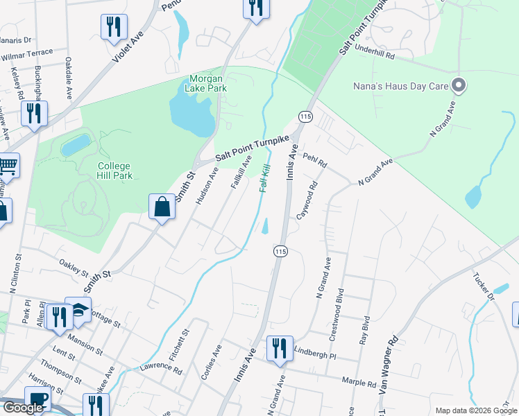 map of restaurants, bars, coffee shops, grocery stores, and more near 26 Howard Street in Poughkeepsie