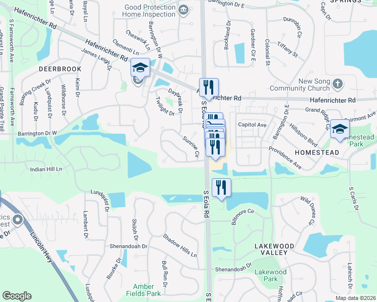 map of restaurants, bars, coffee shops, grocery stores, and more near 2402 Sunshine Lane in Aurora