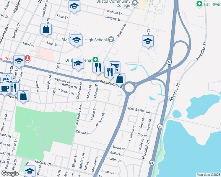 map of restaurants, bars, coffee shops, grocery stores, and more near 1690 President Avenue in Fall River