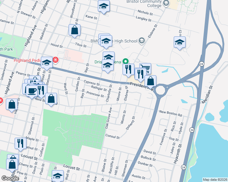 map of restaurants, bars, coffee shops, grocery stores, and more near 1497 President Avenue in Fall River