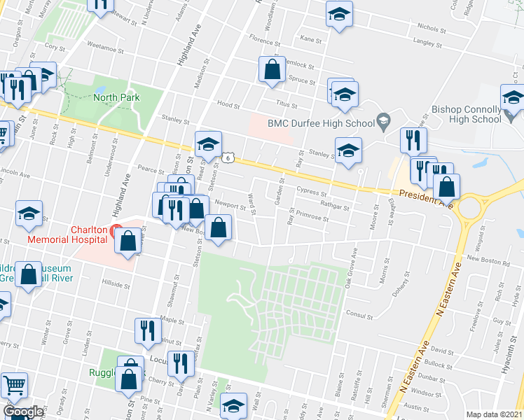 map of restaurants, bars, coffee shops, grocery stores, and more near 242 Garden Street in Fall River