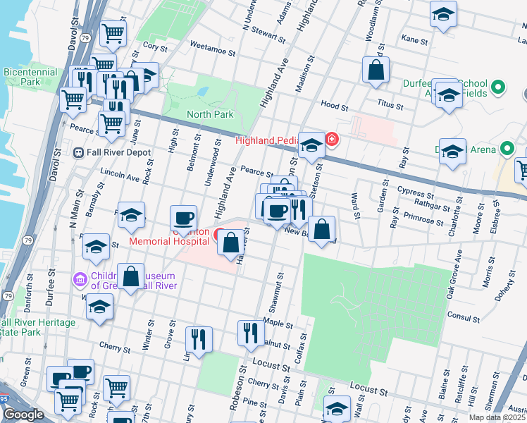 map of restaurants, bars, coffee shops, grocery stores, and more near 538 Hanover Street in Fall River