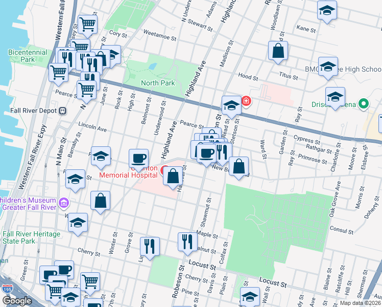 map of restaurants, bars, coffee shops, grocery stores, and more near 538 Hanover Street in Fall River