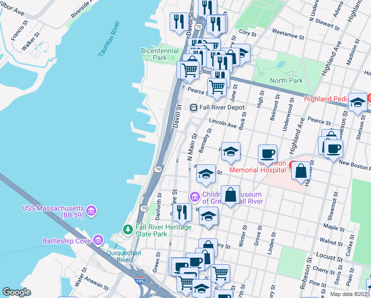 map of restaurants, bars, coffee shops, grocery stores, and more near 609 Davol Street in Fall River