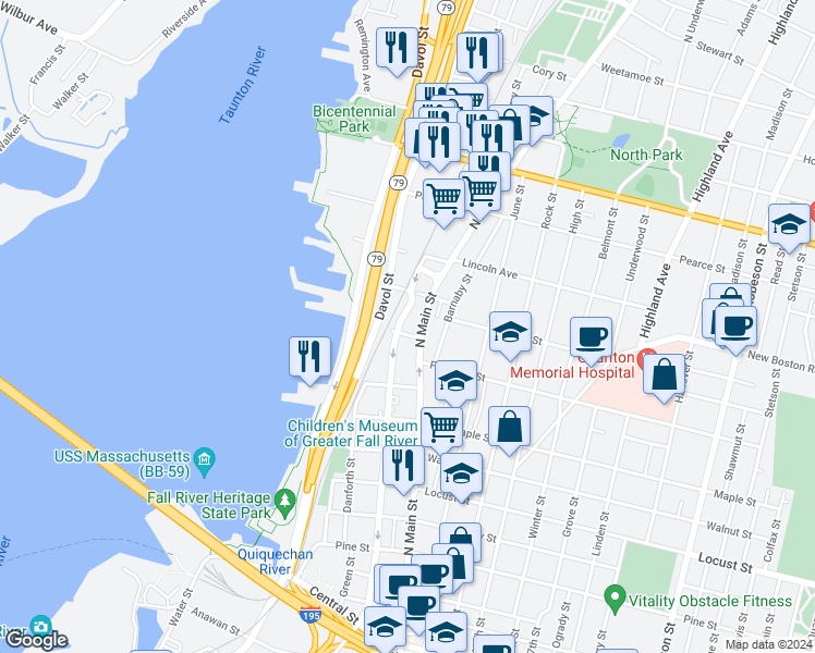 map of restaurants, bars, coffee shops, grocery stores, and more near 609 Davol Street in Fall River