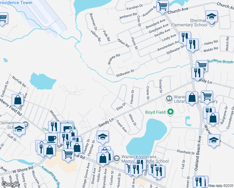 map of restaurants, bars, coffee shops, grocery stores, and more near 87 Marigold Drive in Warwick
