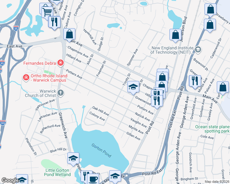 map of restaurants, bars, coffee shops, grocery stores, and more near 202 Greenwood Avenue in Warwick