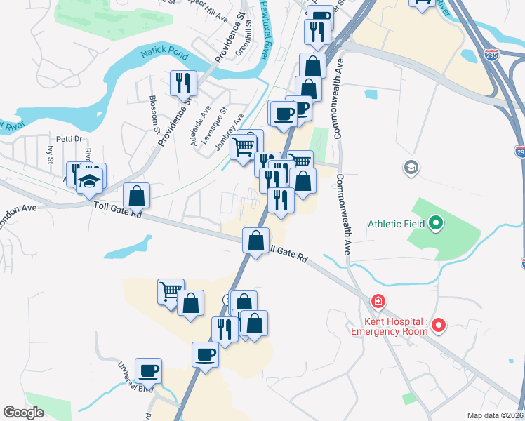 map of restaurants, bars, coffee shops, grocery stores, and more near 999 Bald Hill Road in Warwick