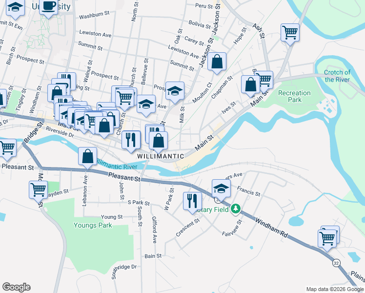 map of restaurants, bars, coffee shops, grocery stores, and more near 1933 Pulaski Court in Windham