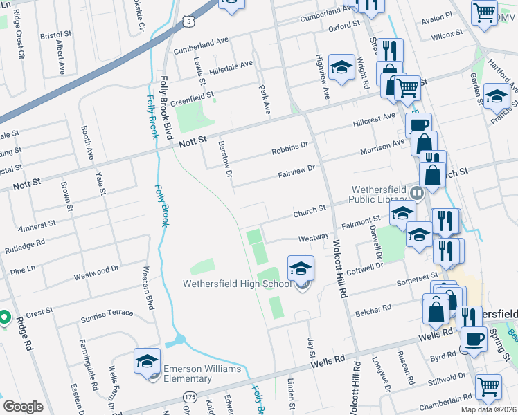 map of restaurants, bars, coffee shops, grocery stores, and more near 30 Holly Lane in Wethersfield