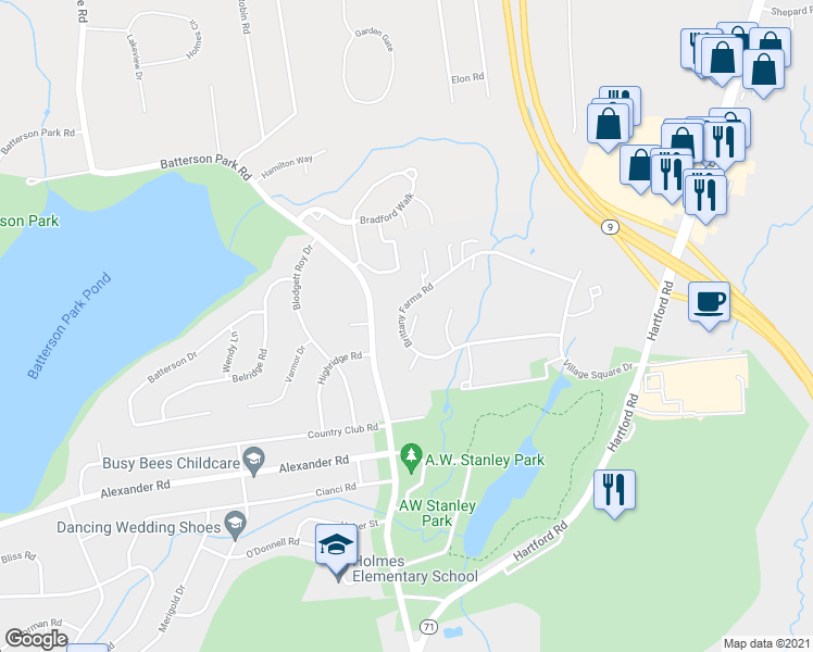 map of restaurants, bars, coffee shops, grocery stores, and more near 198 Brittany Farms Road in New Britain