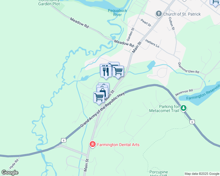 map of restaurants, bars, coffee shops, grocery stores, and more near 188-222 Main Street in Farmington